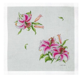 Pink daylily handkerchief 31x31 cotton printed  hand rolled Lehner