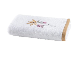 Handdoek 50x100 cm 100% katoen badstof witte geborduurde bloemen, 550 gr/m²