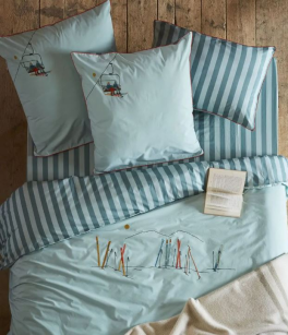 Duvet cover + pillowcase 65x65 cm 100% cotton percale Embroidered Skis & Lifts